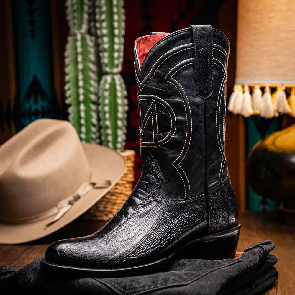 DENVER  Genuine Ostrich Leg Skin Cowboy Boot from the Western Collection Black