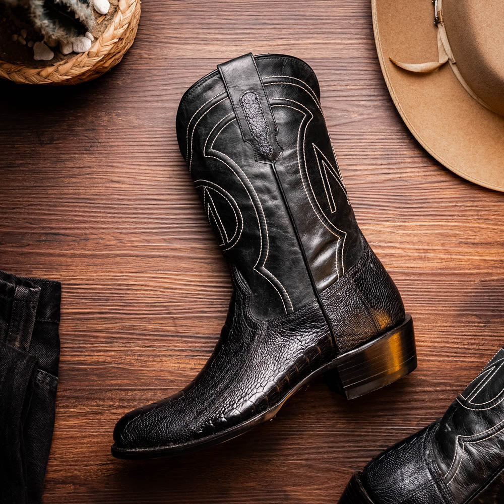 DENVER  Genuine Ostrich Leg Skin Cowboy Boot from the Western Collection Black