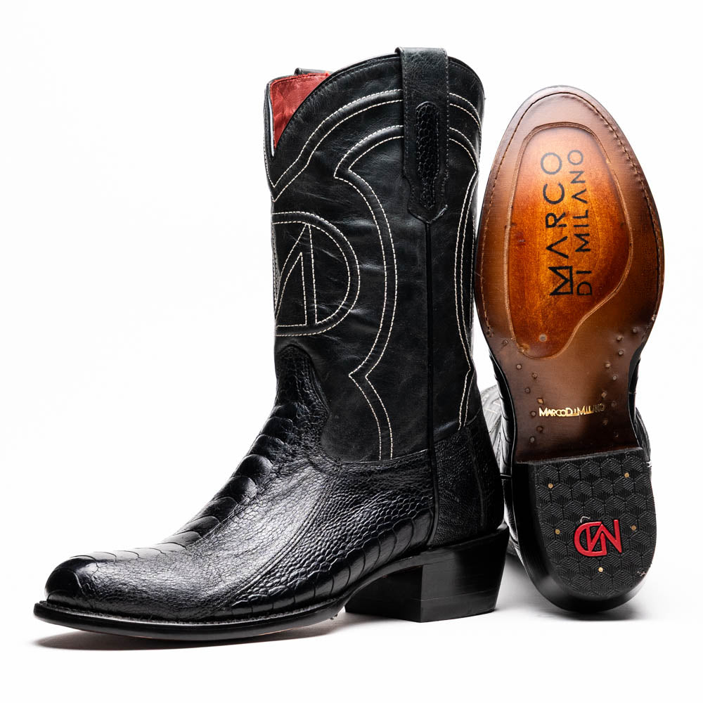 DENVER  Genuine Ostrich Leg Skin Cowboy Boot from the Western Collection Black