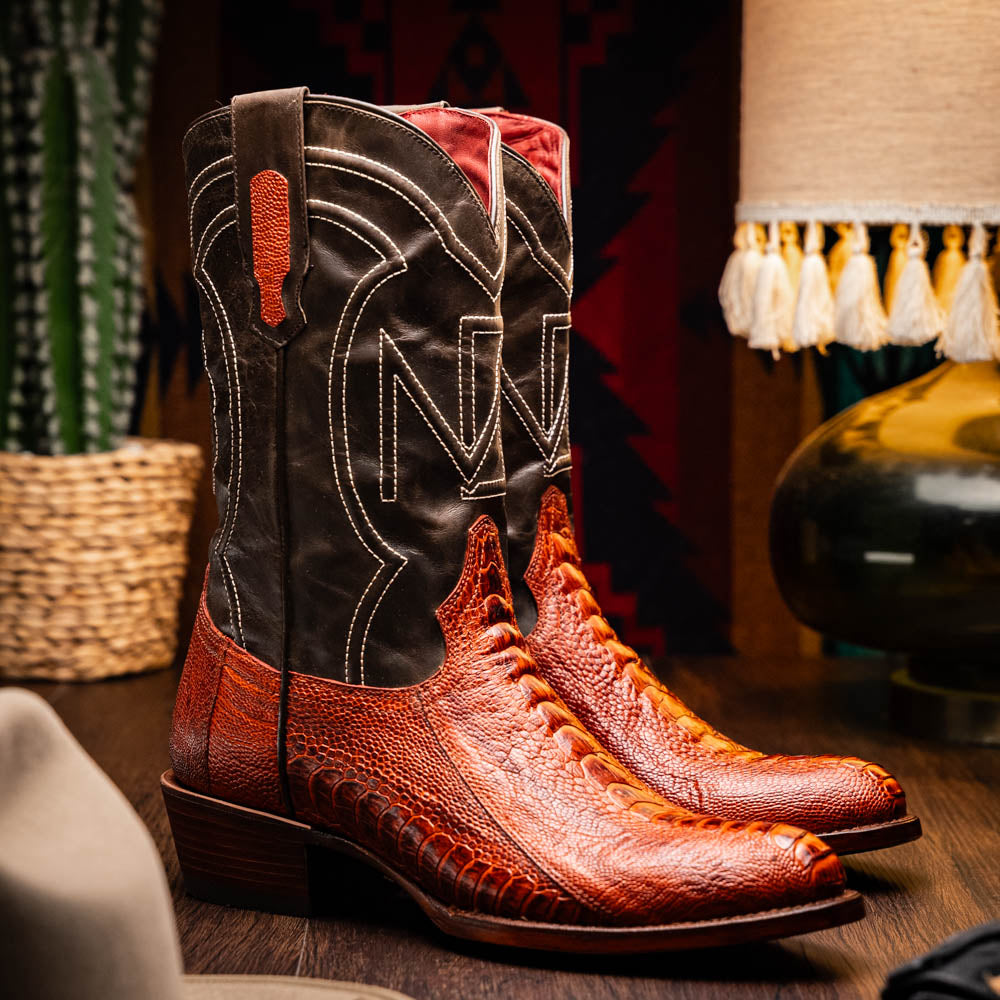 DENVER Genuine Ostrich Leg Skin Cowboy Boot from the Western Collection Cognac
