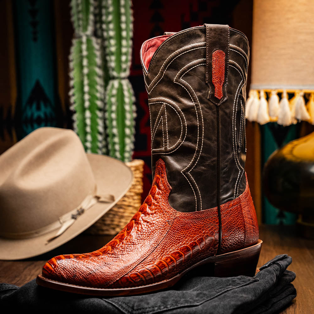 DENVER Genuine Ostrich Leg Skin Cowboy Boot from the Western Collection Cognac