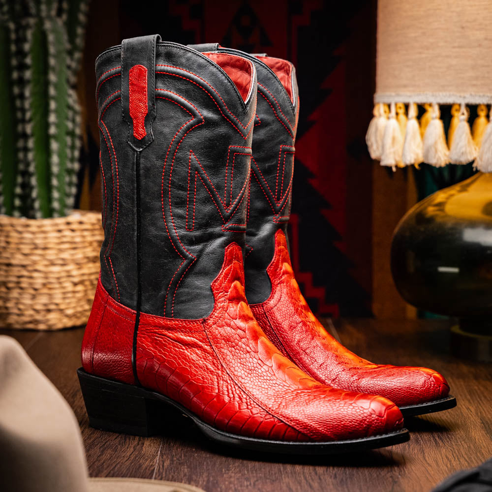 DENVER Genuine Ostrich Leg Skin Cowboy Boot from the Western Collection Red