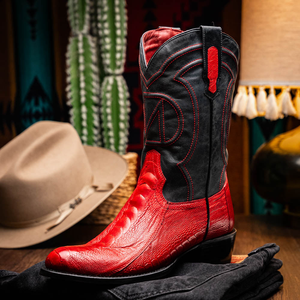 DENVER Genuine Ostrich Leg Skin Cowboy Boot from the Western Collection Red