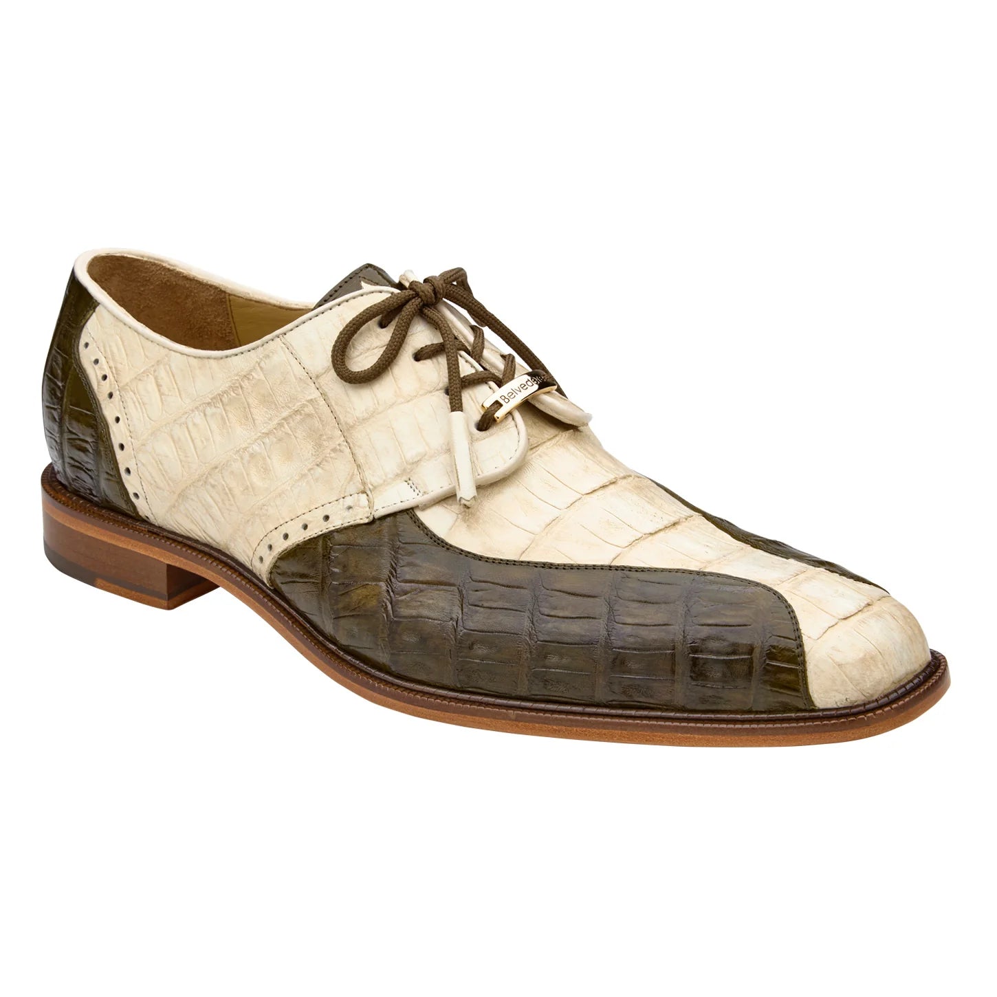 Belvedere Domenico Shoes Genuine Caiman Crocodile Lace Up Two-Tone Bone Olive