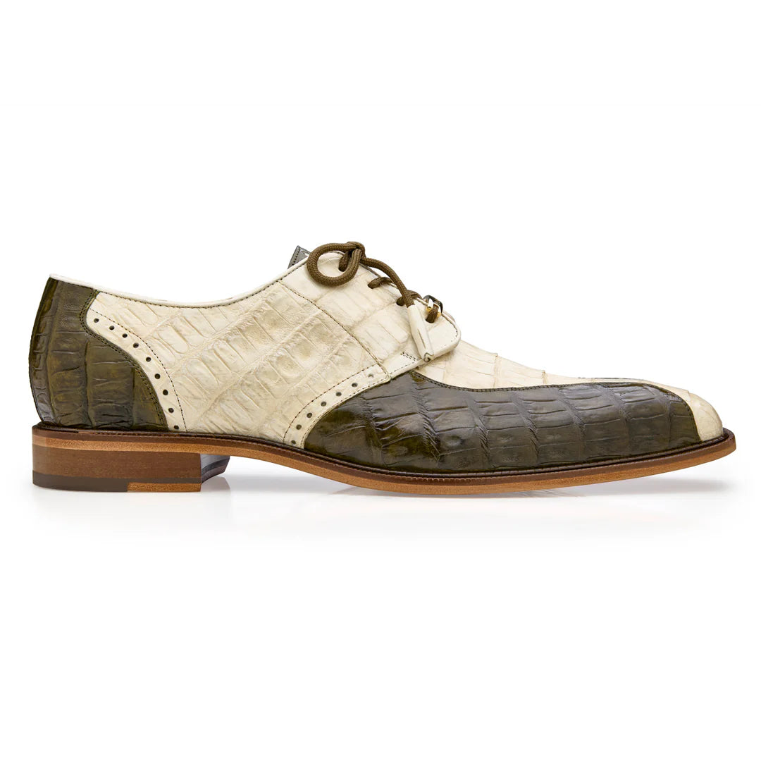 Belvedere Domenico Shoes Genuine Caiman Crocodile Lace Up Two-Tone Bone Olive