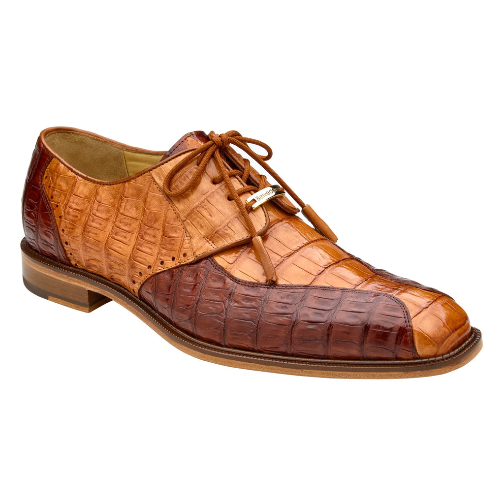 Belvedere Domenico Shoes Genuine Caiman Crocodile Lace Up Two-Tone Saddle Ant Walnut