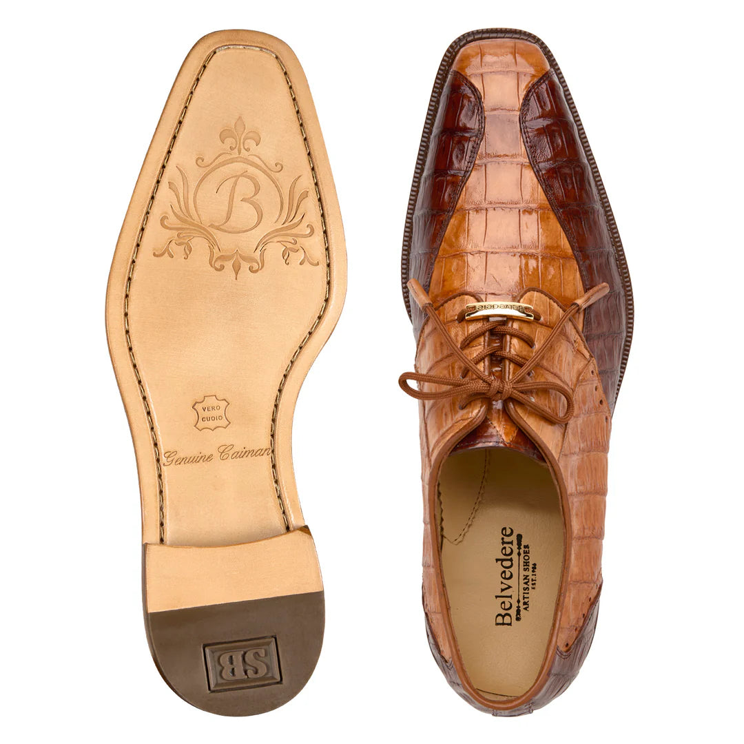 Belvedere Domenico Shoes Genuine Caiman Crocodile Lace Up Two-Tone Saddle Ant Walnut