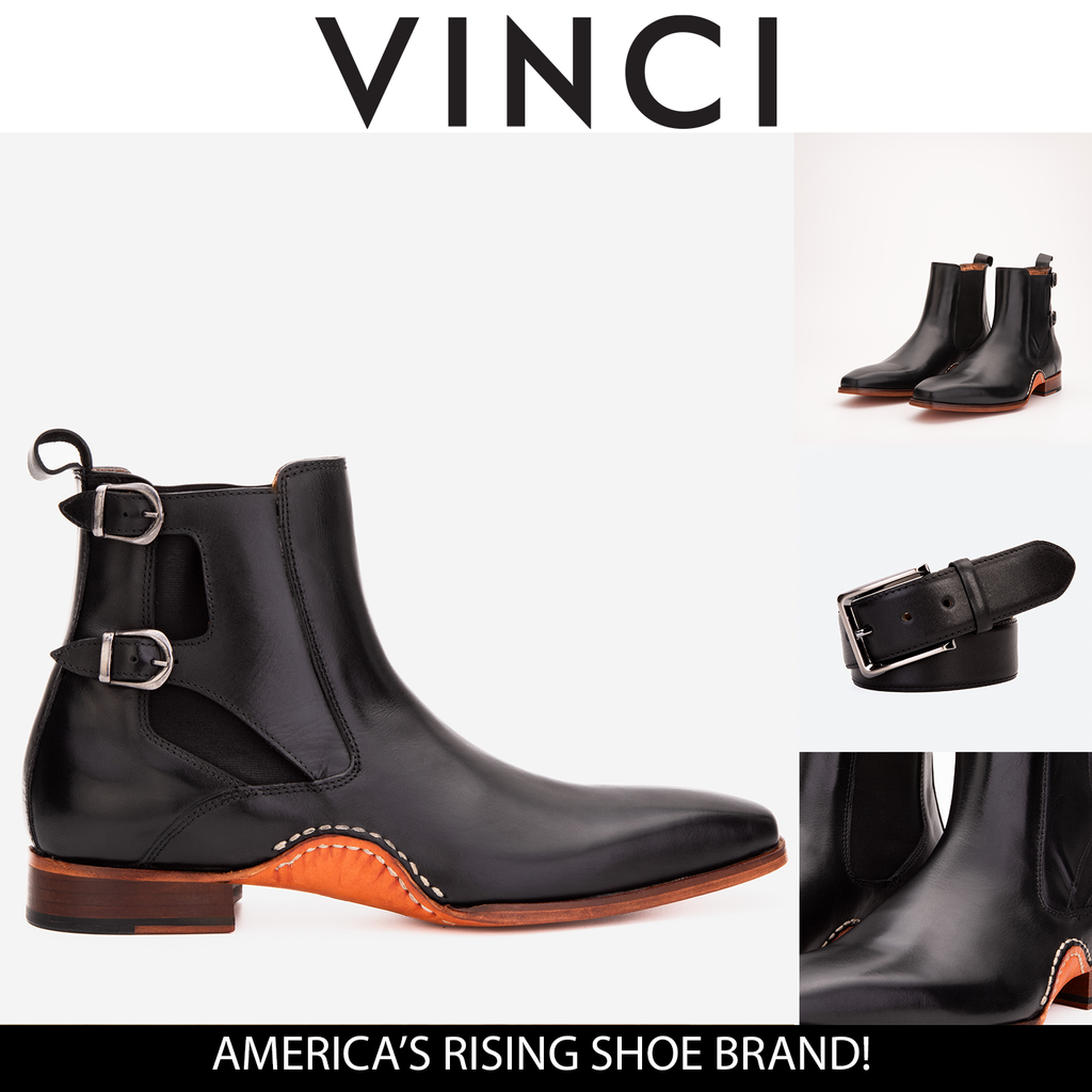 Vinci The Royal Hand Craft Black Leather Double-Buckle Chelsea Men Boot