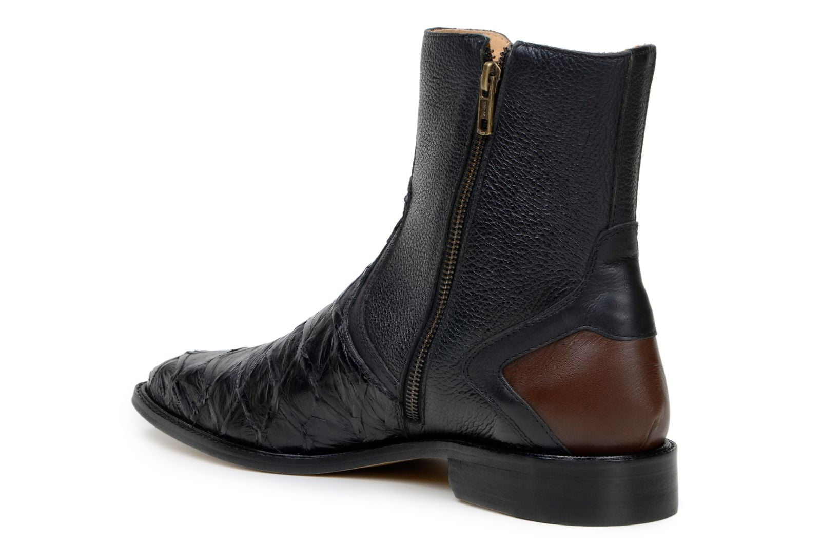 Belvedere Lima Genuine Pirarucu Skin and Pebble Grain Calf Chukka Zipper Boots Black