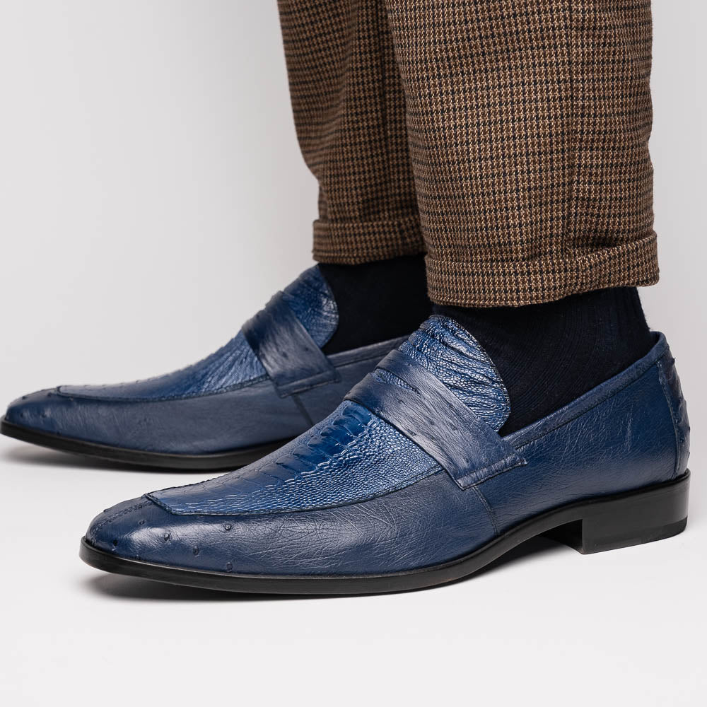 Fangio Classic Penny Loafer Genuine Ostrich Leg & Quill Shoes Denim Blue