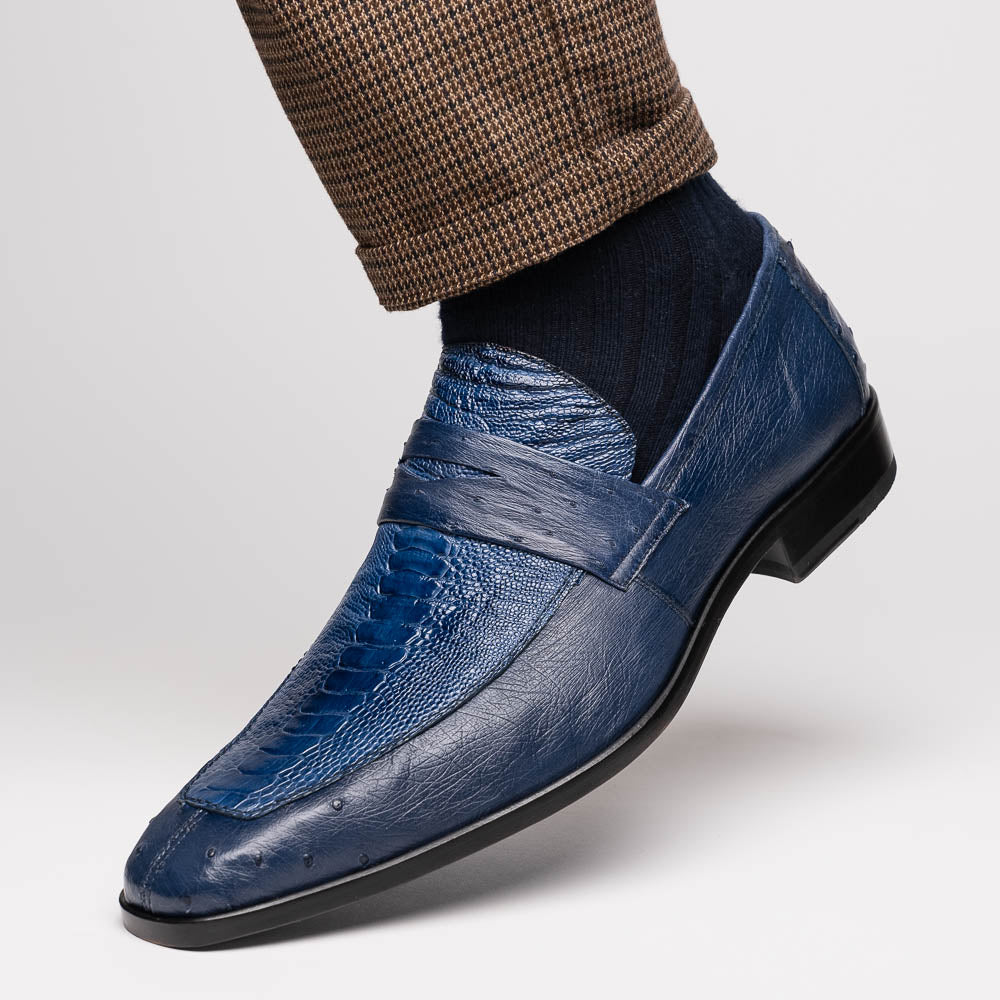 Fangio Classic Penny Loafer Genuine Ostrich Leg & Quill Shoes Denim Blue