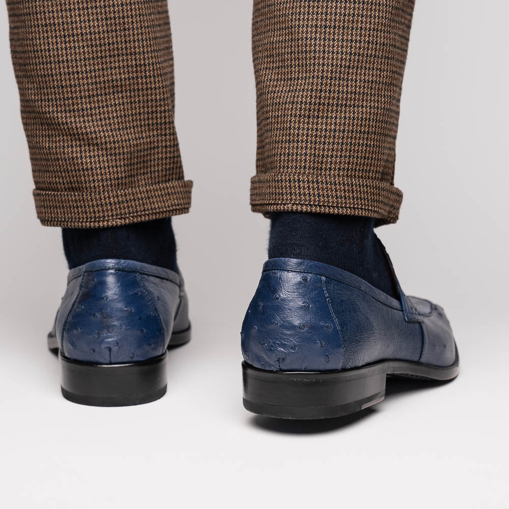 Fangio Classic Penny Loafer Genuine Ostrich Leg & Quill Shoes Denim Blue