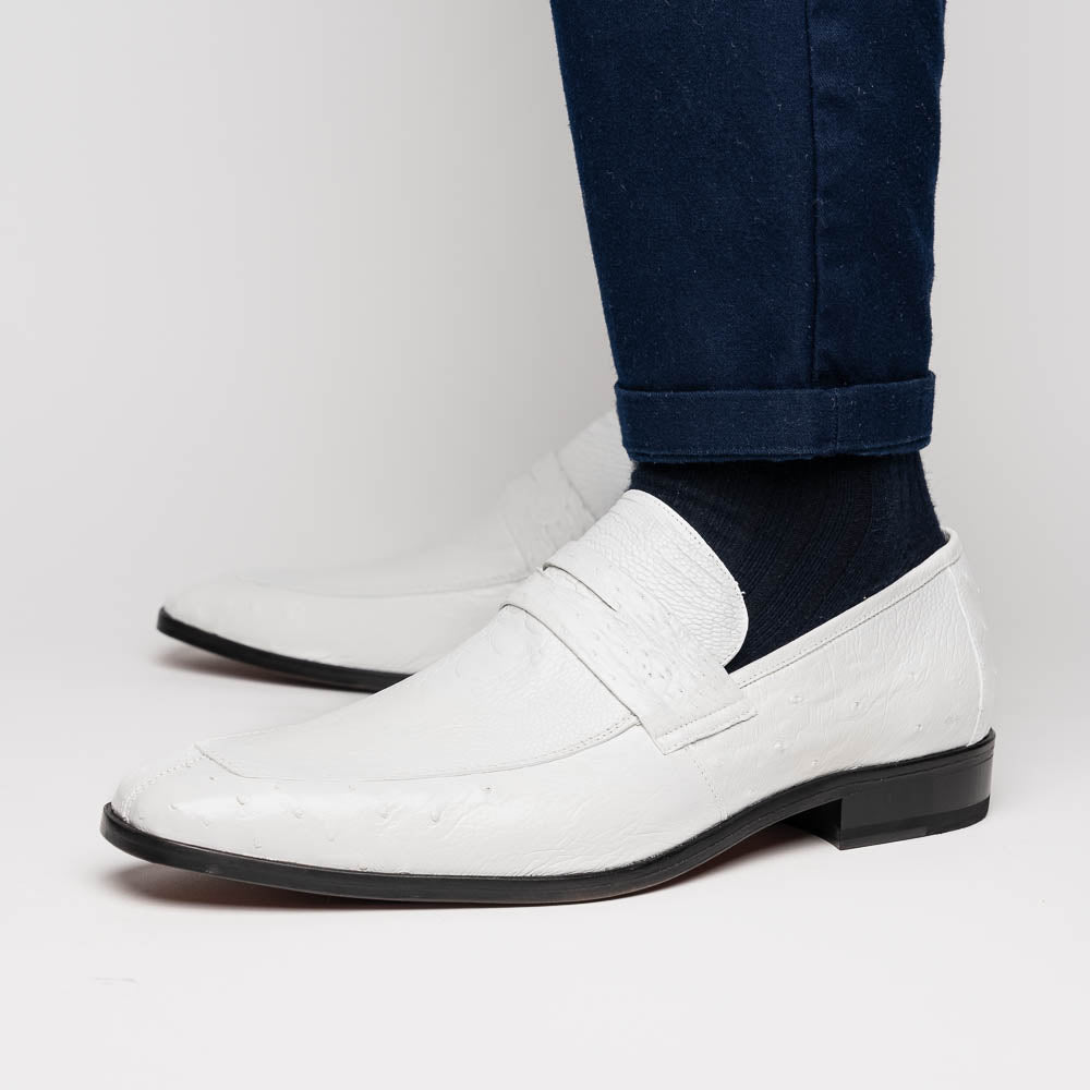 Fangio Classic Penny Loafer Genuine Ostrich Quill Shoes  White