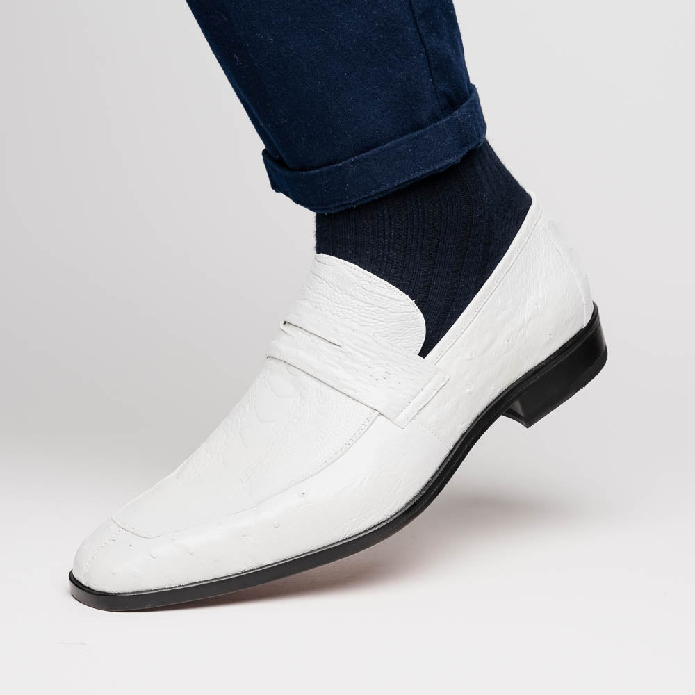 Fangio Classic Penny Loafer Genuine Ostrich Quill Shoes  White
