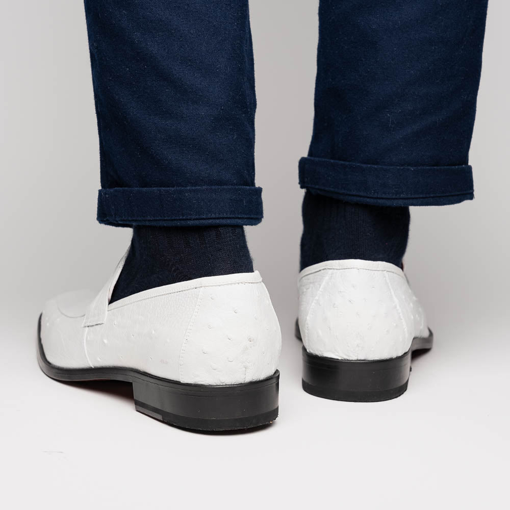 Fangio Classic Penny Loafer Genuine Ostrich Quill Shoes  White