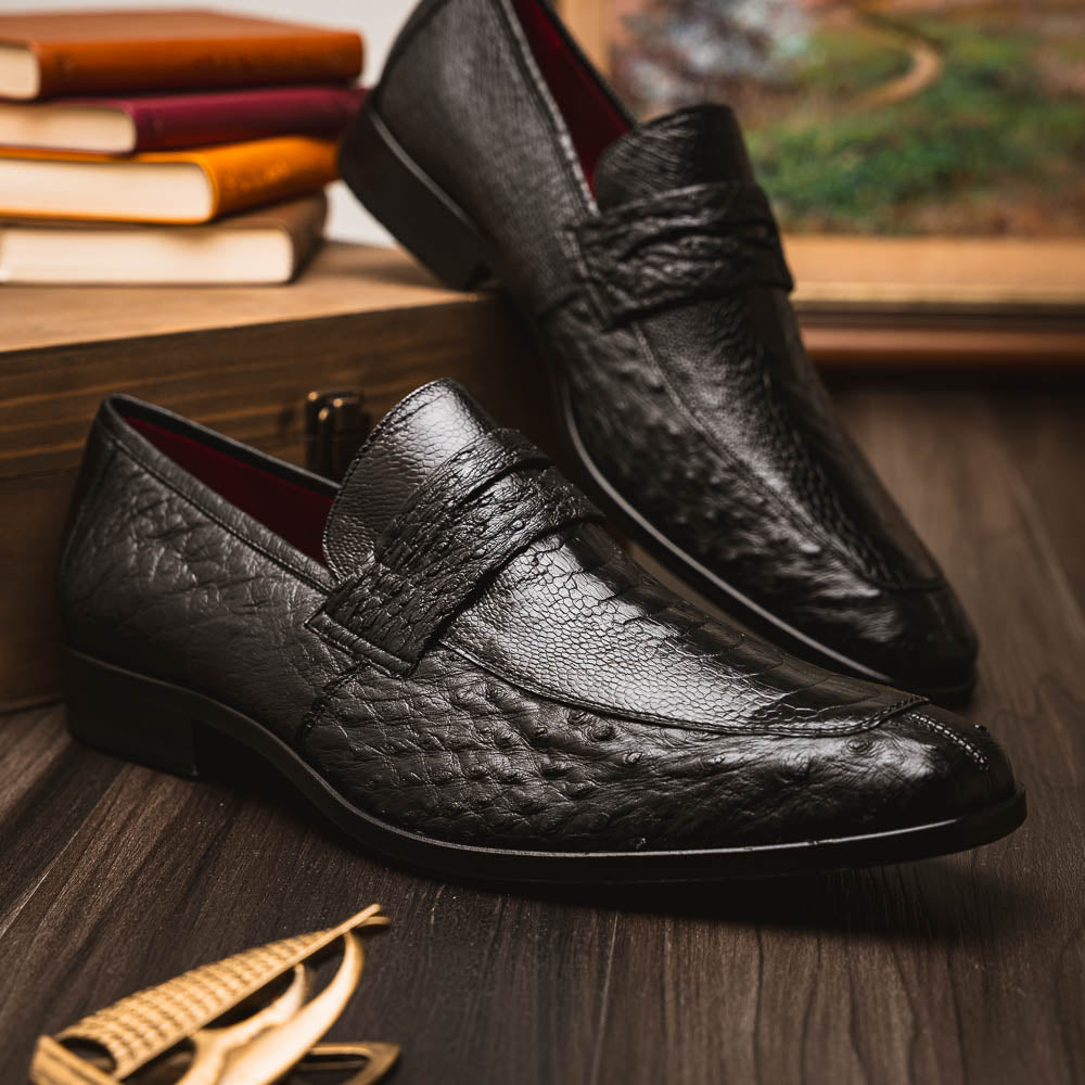 Fangio Penny Loafer Genuine Ostrih Leg Quil Black