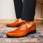 Fangio Classic Penny Loafer Genuine Ostrich Leg Quil Cognac