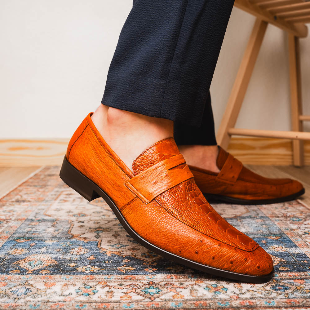 Fangio Classic Penny Loafer Genuine Ostrich Leg Quil Cognac