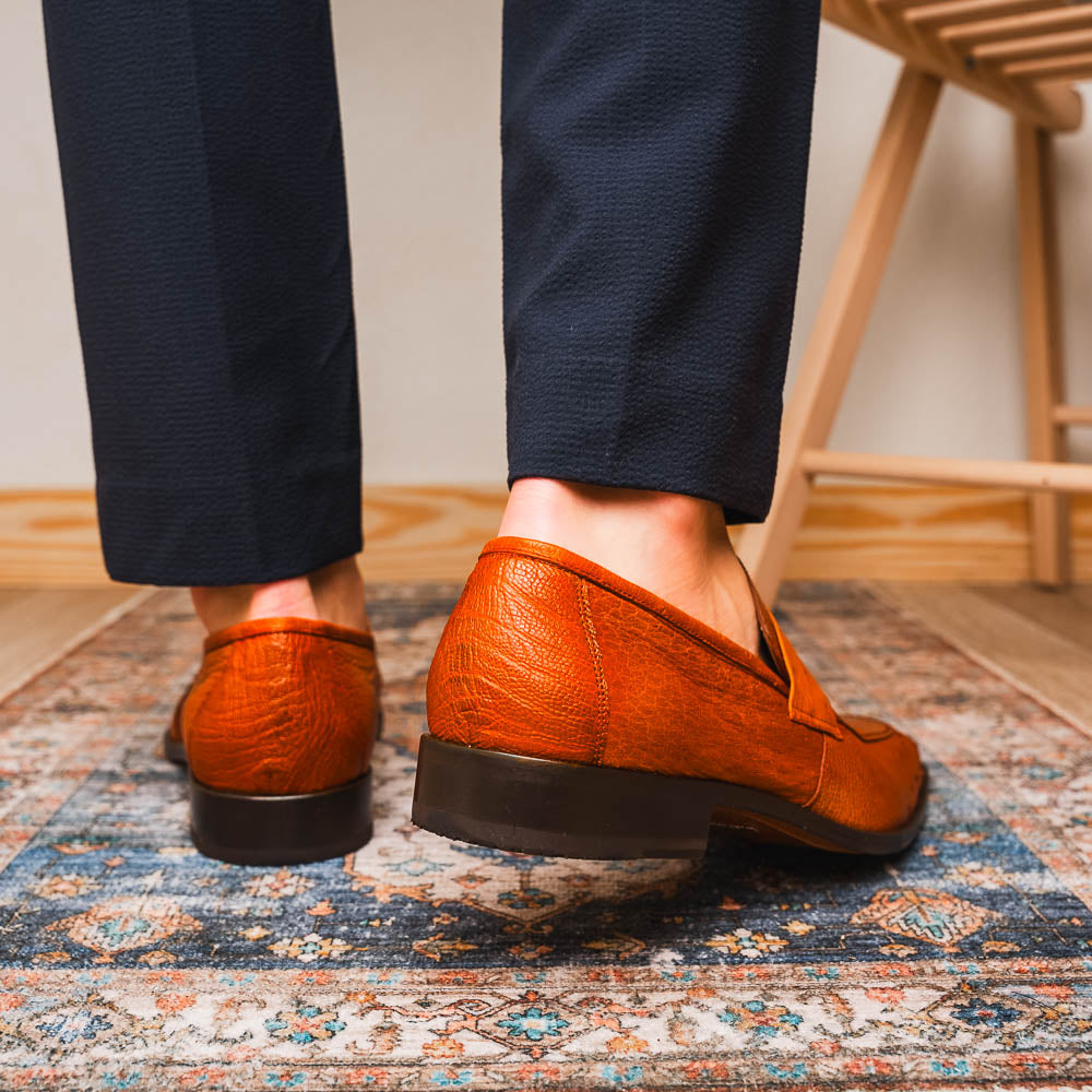 Fangio Classic Penny Loafer Genuine Ostrich Leg Quil Cognac