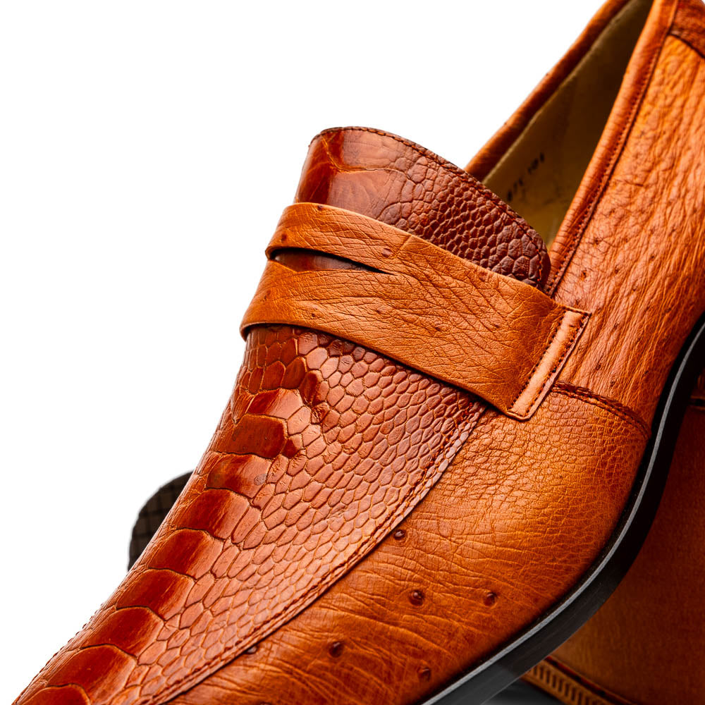 Fangio Classic Penny Loafer Genuine Ostrich Leg Quil Cognac