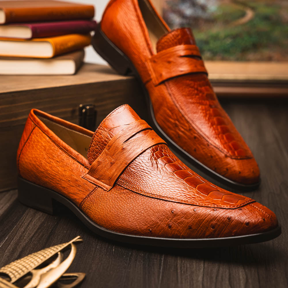 Fangio Classic Penny Loafer Genuine Ostrich Leg Quil Cognac