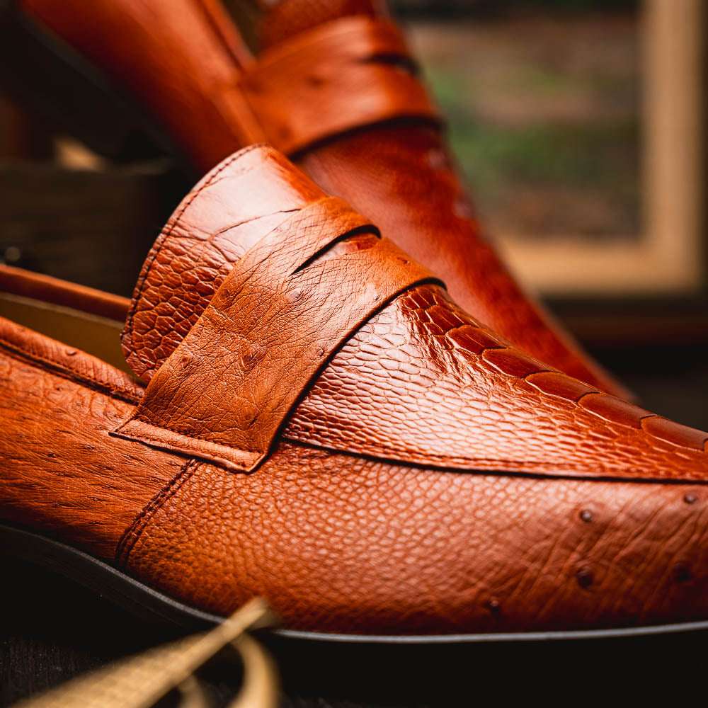 Fangio Classic Penny Loafer Genuine Ostrich Leg Quil Cognac