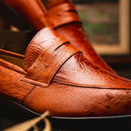 Fangio Classic Penny Loafer Genuine Ostrich Leg Quil Cognac