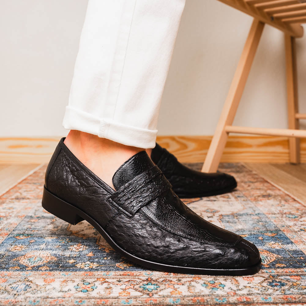 Fangio Penny Loafer Genuine Ostrih Leg Quil Black