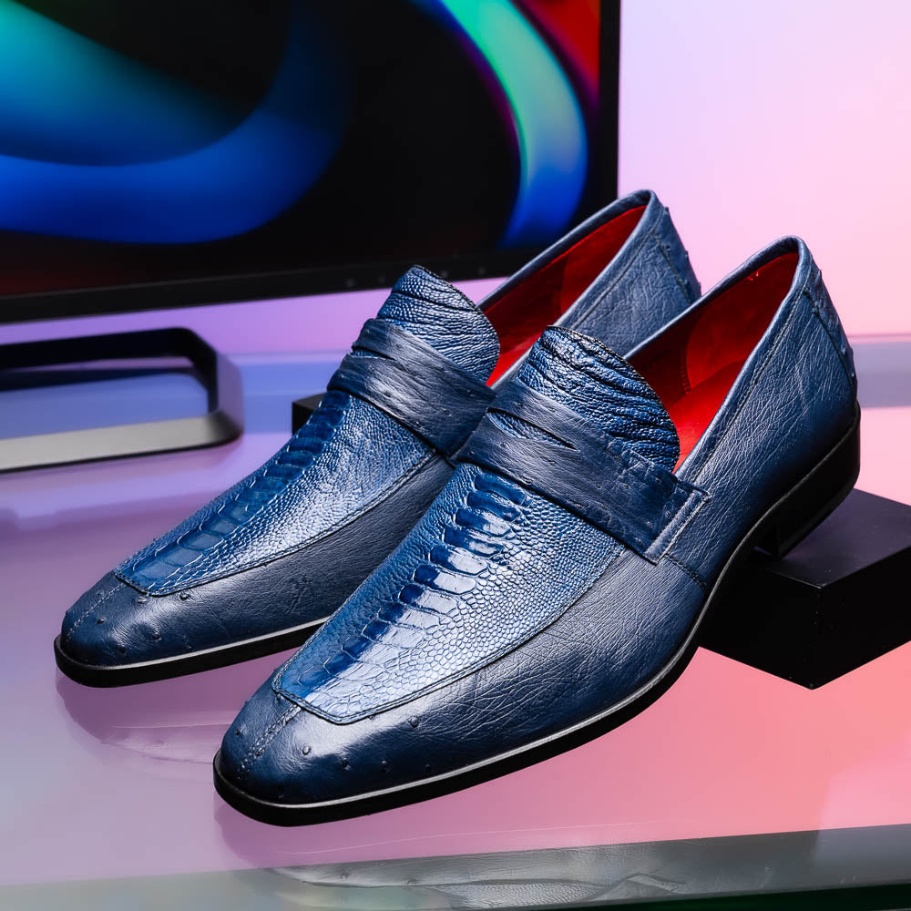Fangio Classic Penny Loafer Genuine Ostrich Leg & Quill Shoes Denim Blue