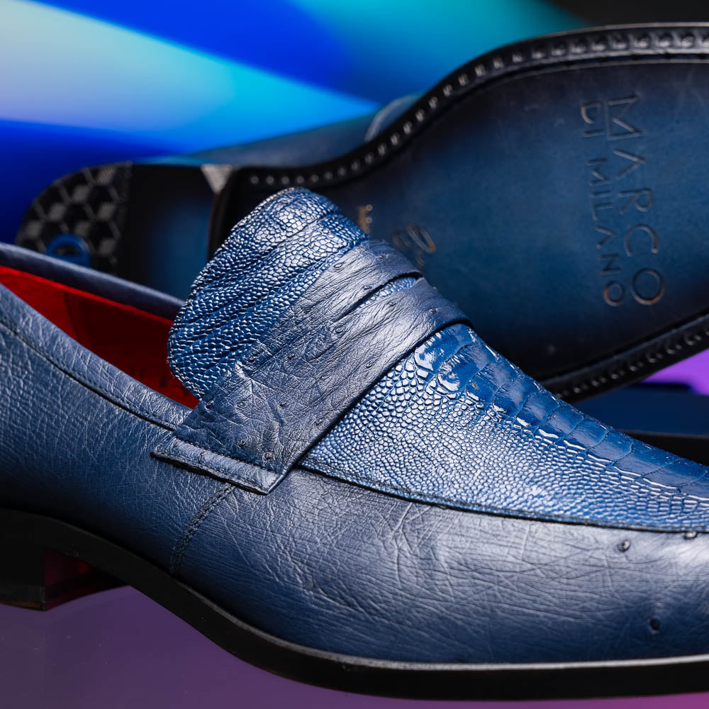 Fangio Classic Penny Loafer Genuine Ostrich Leg & Quill Shoes Denim Blue