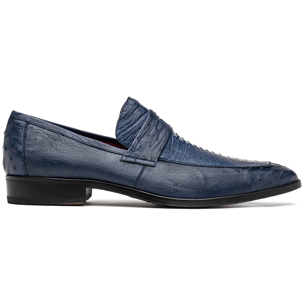 Fangio Classic Penny Loafer Genuine Ostrich Leg & Quill Shoes Denim Blue
