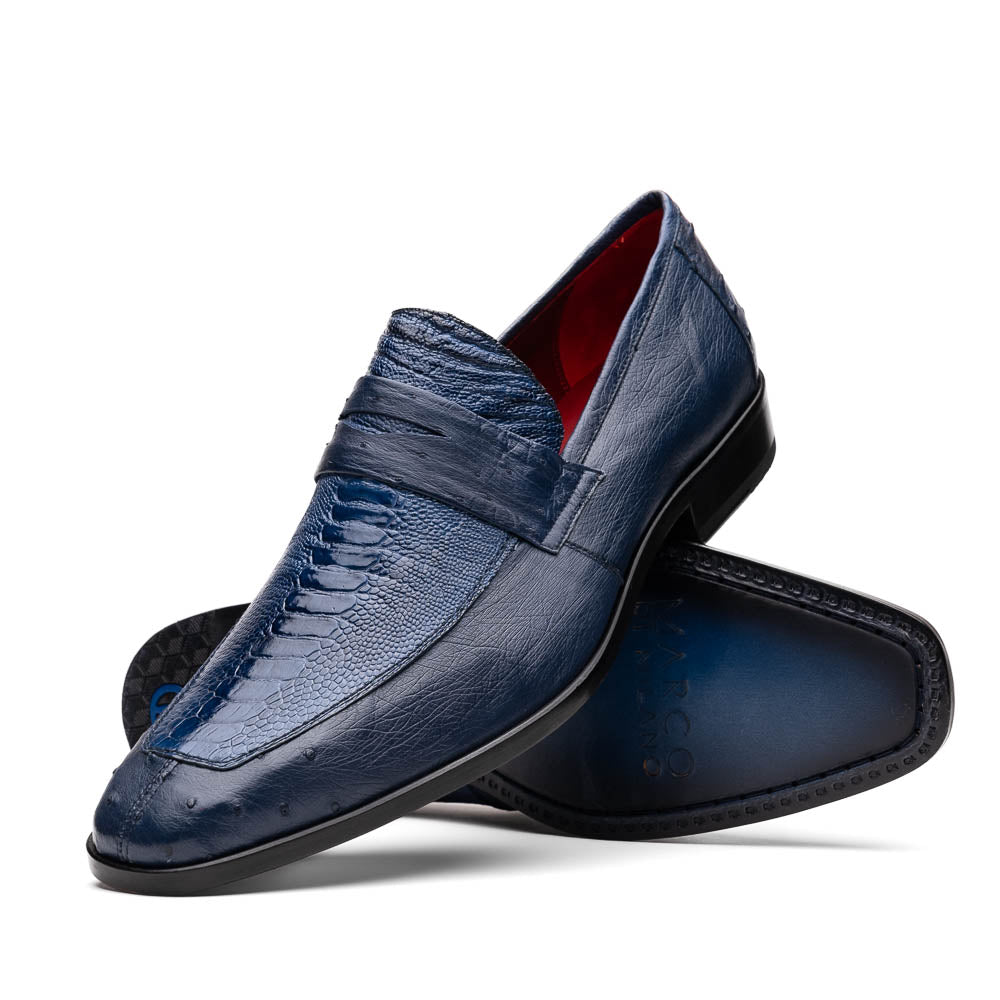 Fangio Classic Penny Loafer Genuine Ostrich Leg & Quill Shoes Denim Blue