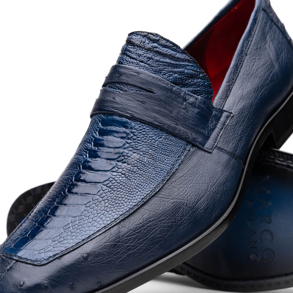 Fangio Classic Penny Loafer Genuine Ostrich Leg & Quill Shoes Denim Blue