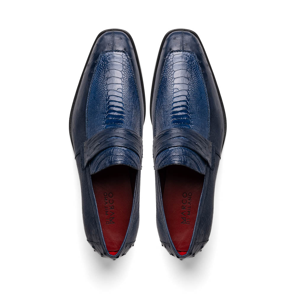 Fangio Classic Penny Loafer Genuine Ostrich Leg & Quill Shoes Denim Blue