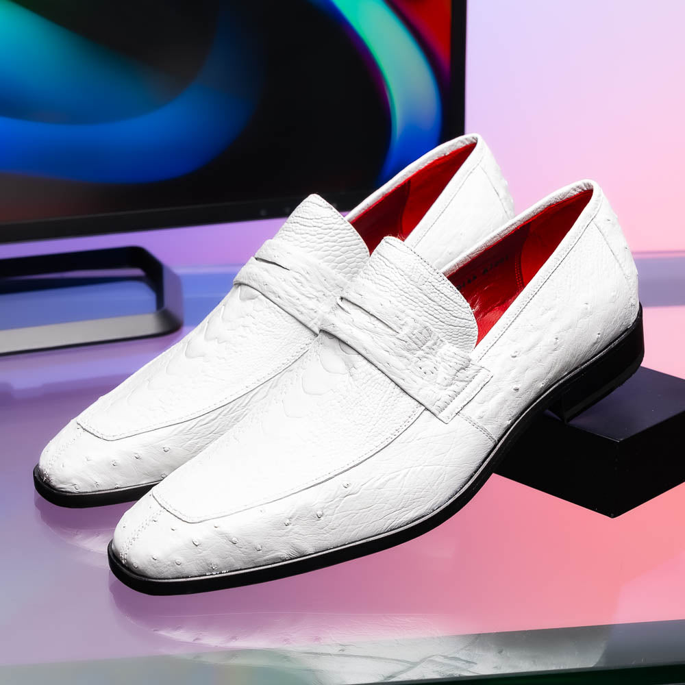 Fangio Classic Penny Loafer Genuine Ostrich Quill Shoes  White