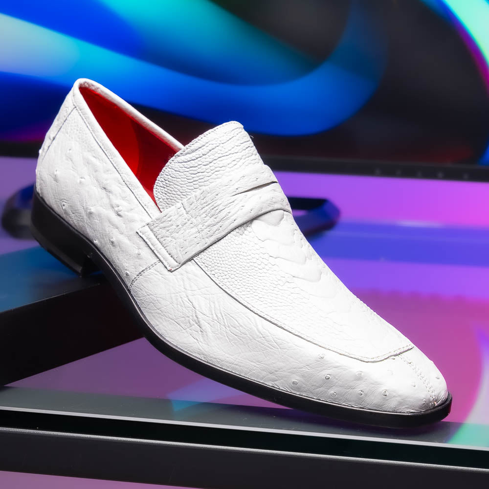 Fangio Classic Penny Loafer Genuine Ostrich Quill Shoes  White