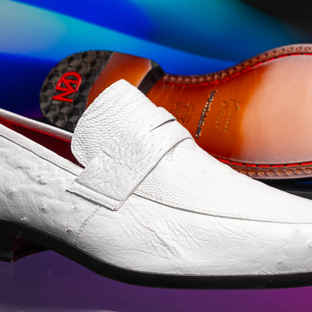 Fangio Classic Penny Loafer Genuine Ostrich Quill Shoes  White