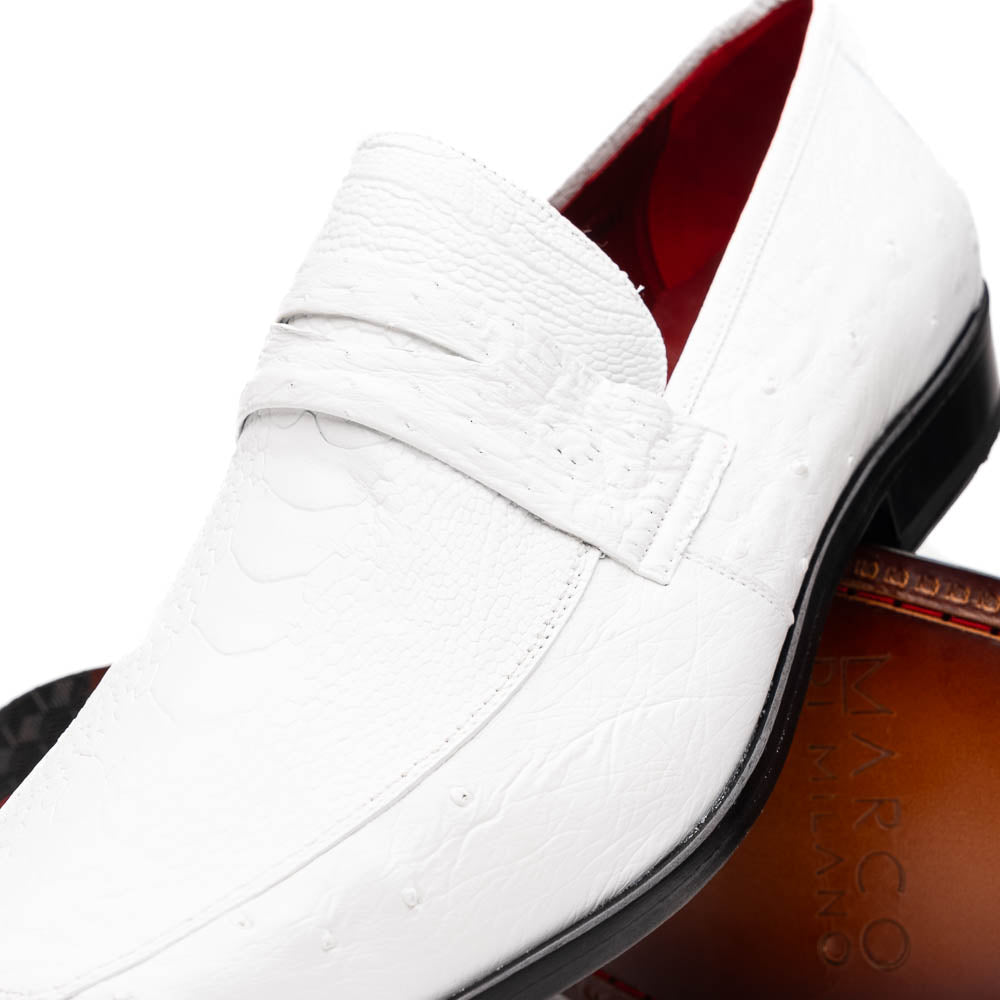 Fangio Classic Penny Loafer Genuine Ostrich Quill Shoes  White