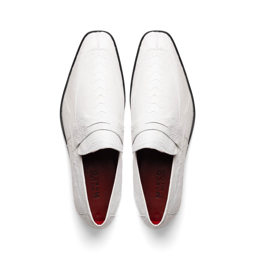 Fangio Classic Penny Loafer Genuine Ostrich Quill Shoes  White