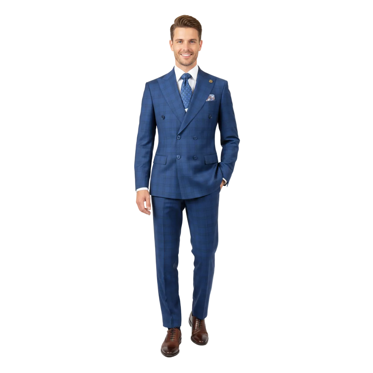 Men's Fabio Matteo Turkish Suit Fine Super 160's Italian Wool FB222 #04 Blue Plaid