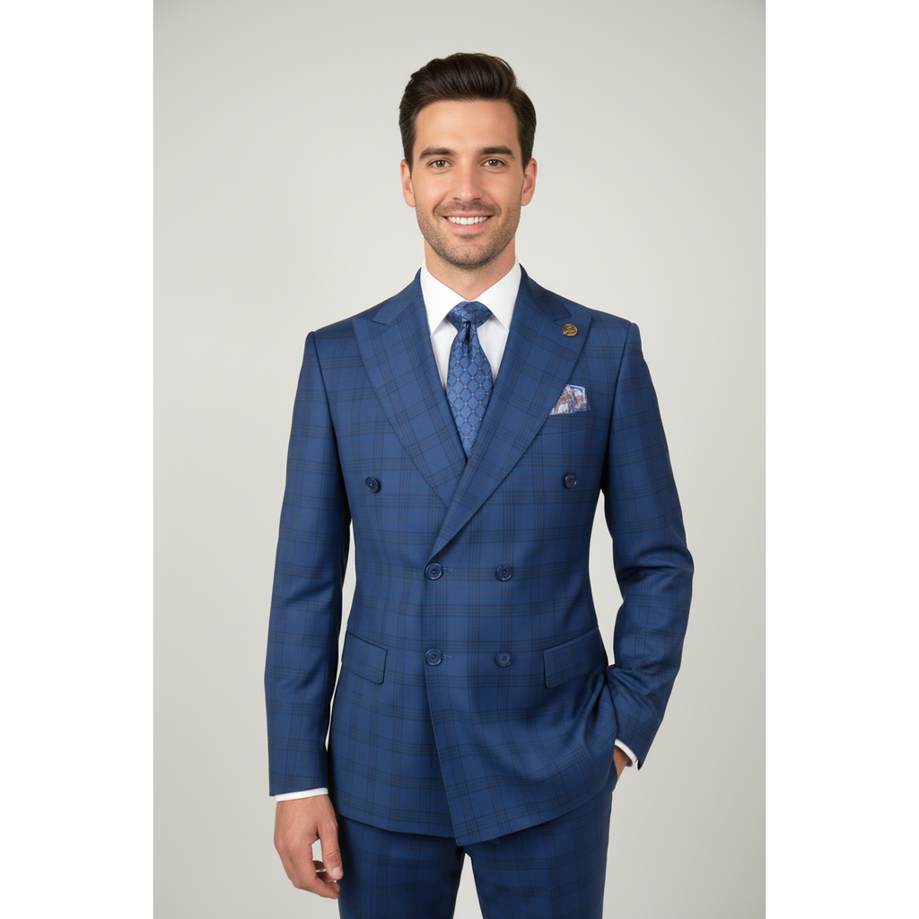 Men's Fabio Matteo Turkish Suit Fine Super 160's Italian Wool FB222 #04 Blue Plaid