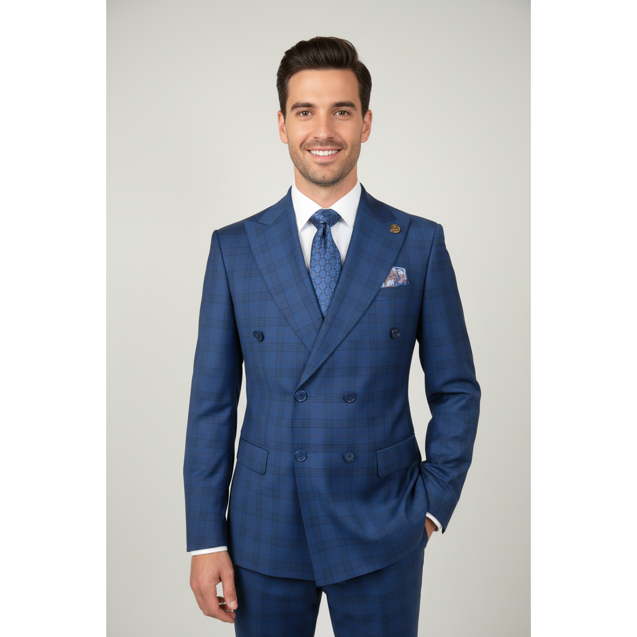 Men's Fabio Matteo Turkish Suit Fine Super 160's Italian Wool FB222 #04 Blue Plaid
