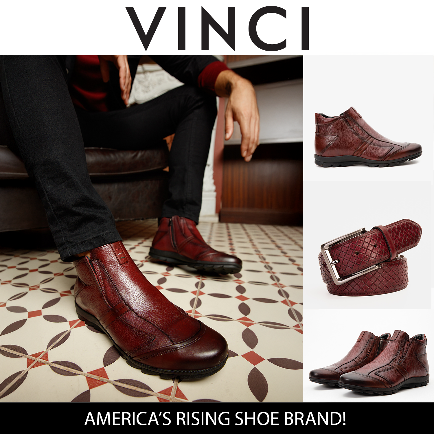 Vinci The Montreal Burgundy Leather Casual Zip-Up Ankle Men Boot