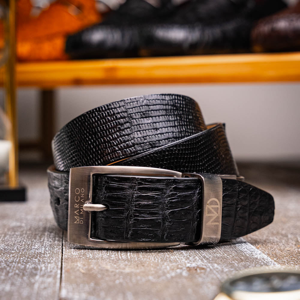 Giovanni Genuine Exotic Lizard Ring Ciman Belly Belt Black