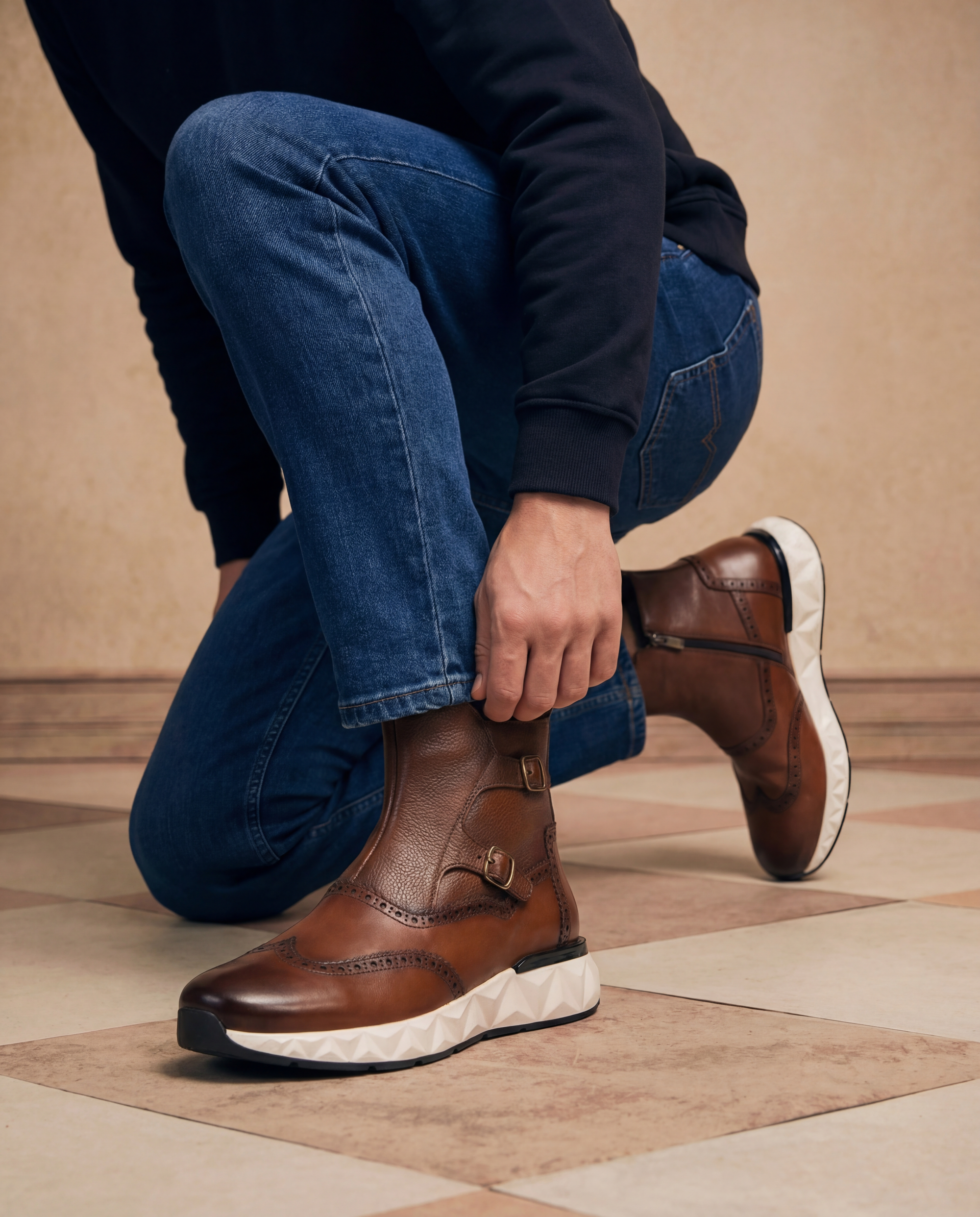 Vinci The Stealth Wingtip Buckle Tan Leather Men Boot