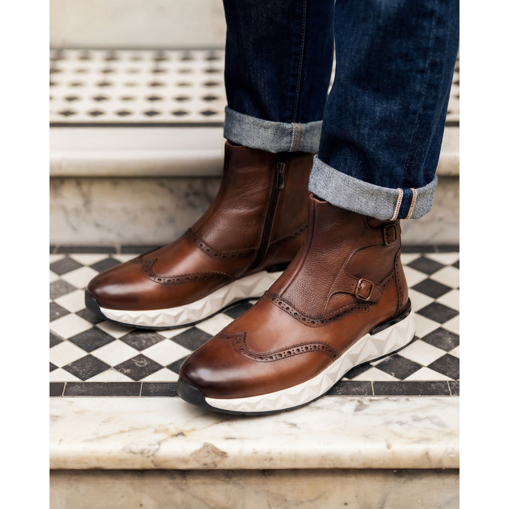 Vinci The Stealth Wingtip Buckle Tan Leather Men Boot