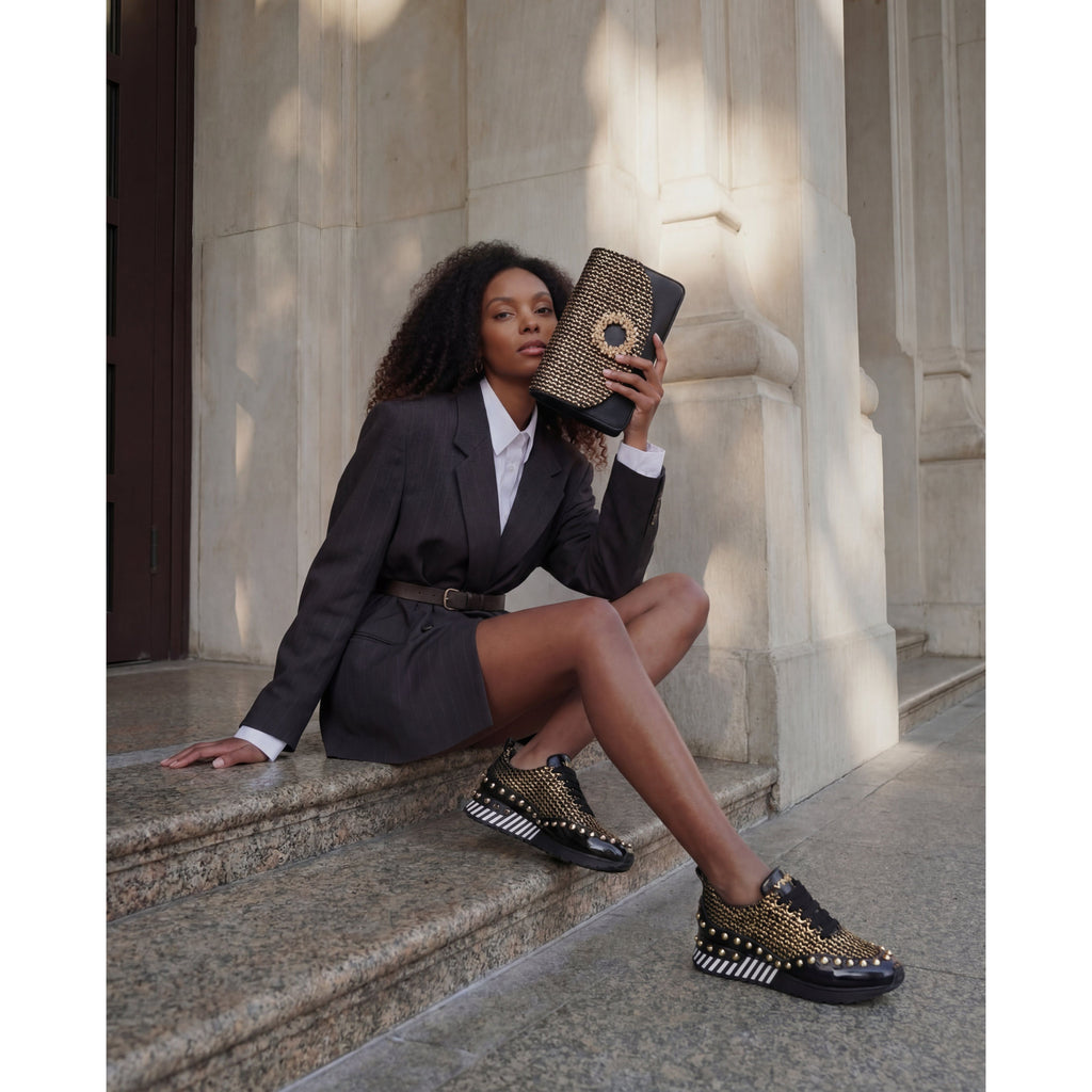 The Aurelia Black Gold Woven Leather Women Sneaker