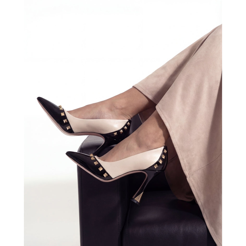 The Bella Vita Studded Beige & Black Leather Pump Women Shoe