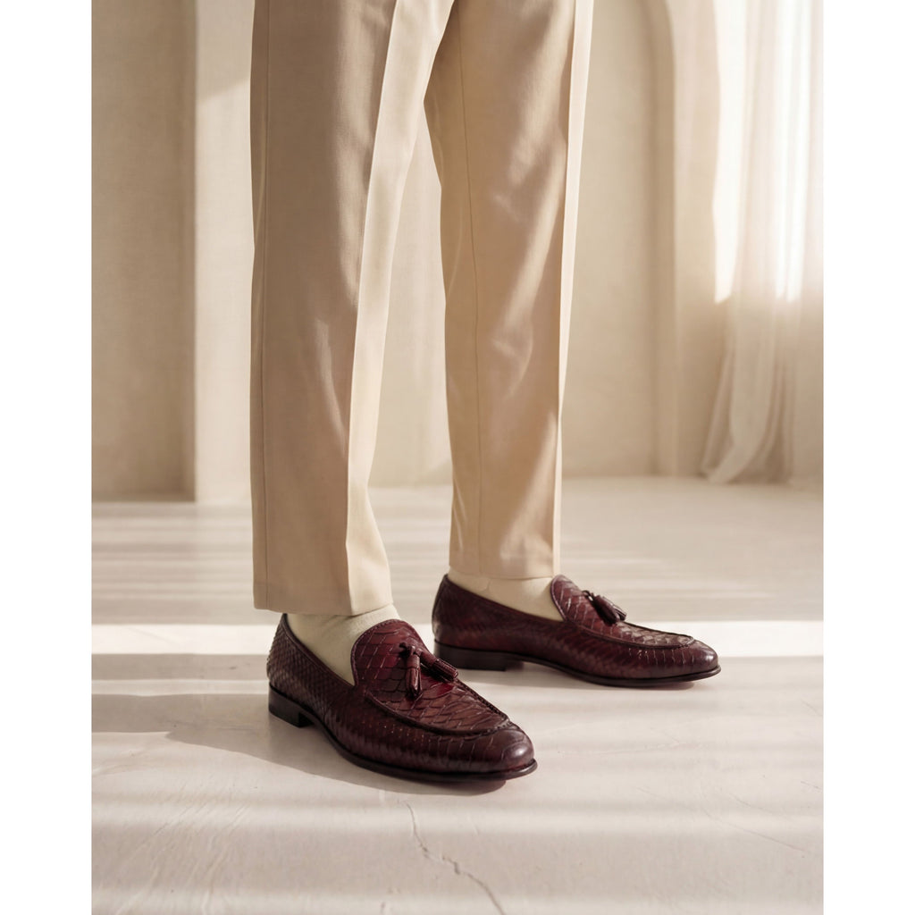 Vinci The Bethesda Burgundy Pyhtn Skin Leather Tassel Loafer Men Shoes