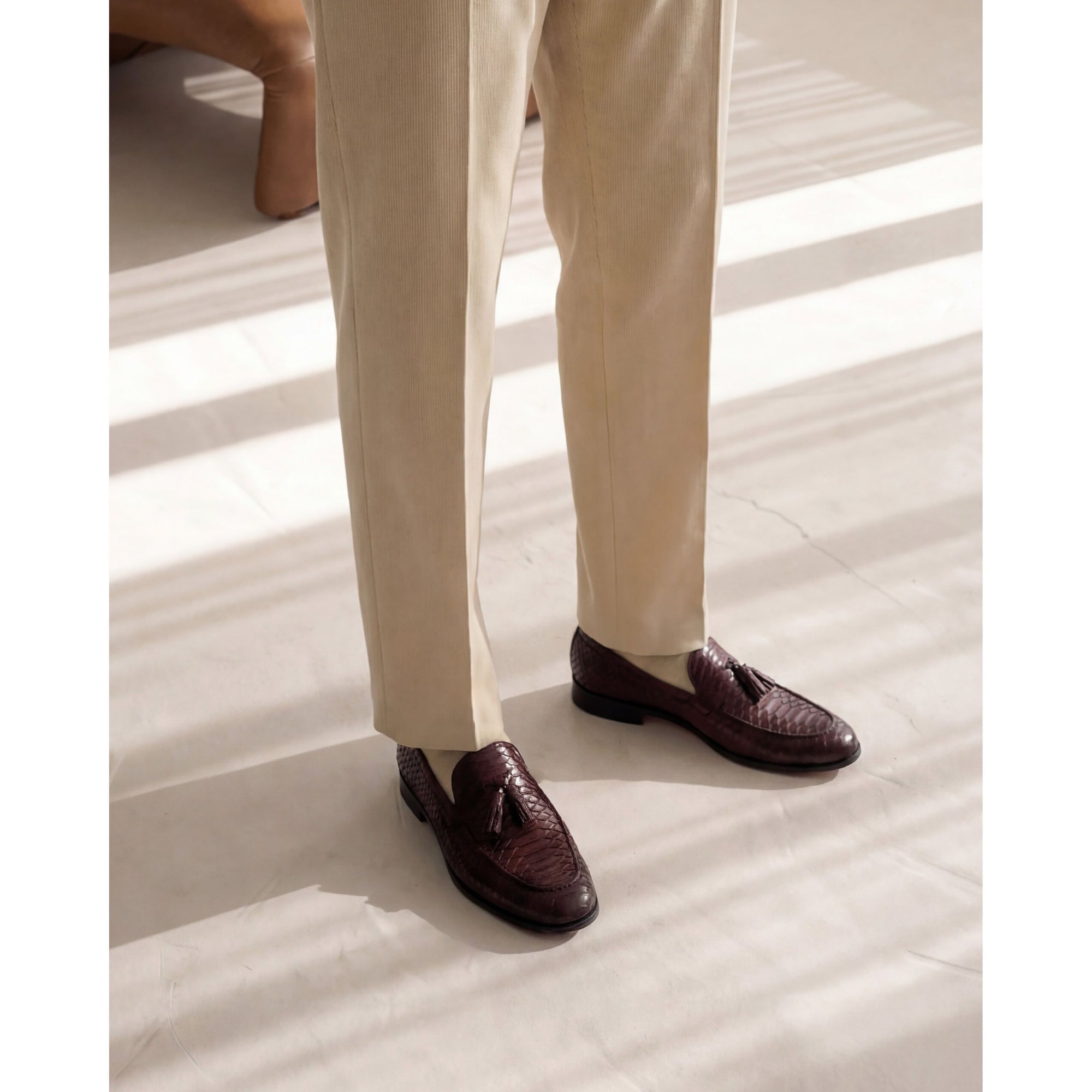 Vinci The Bethesda Burgundy Pyhtn Skin Leather Tassel Loafer Men Shoes